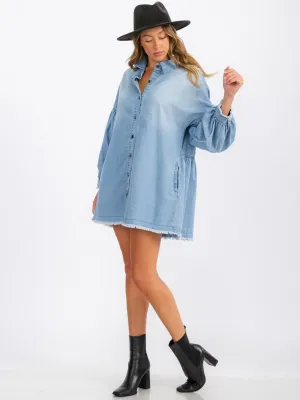 WOMEN'S LONG SLEEVE BUTTON UP POCKETS DENIM WASHED MINI DRESS