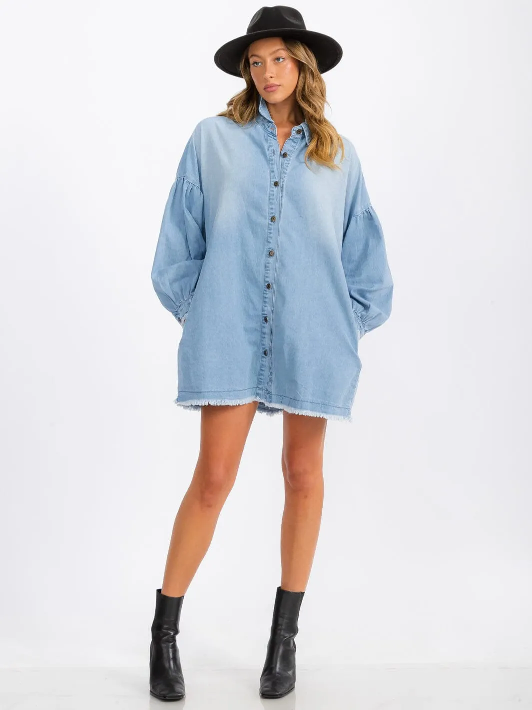 WOMEN'S LONG SLEEVE BUTTON UP POCKETS DENIM WASHED MINI DRESS