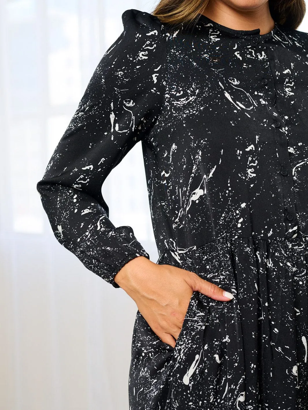 WOMEN'S LONG SLEEVE BUTTON UP  POCKETS PRINTED MAXI DRESS