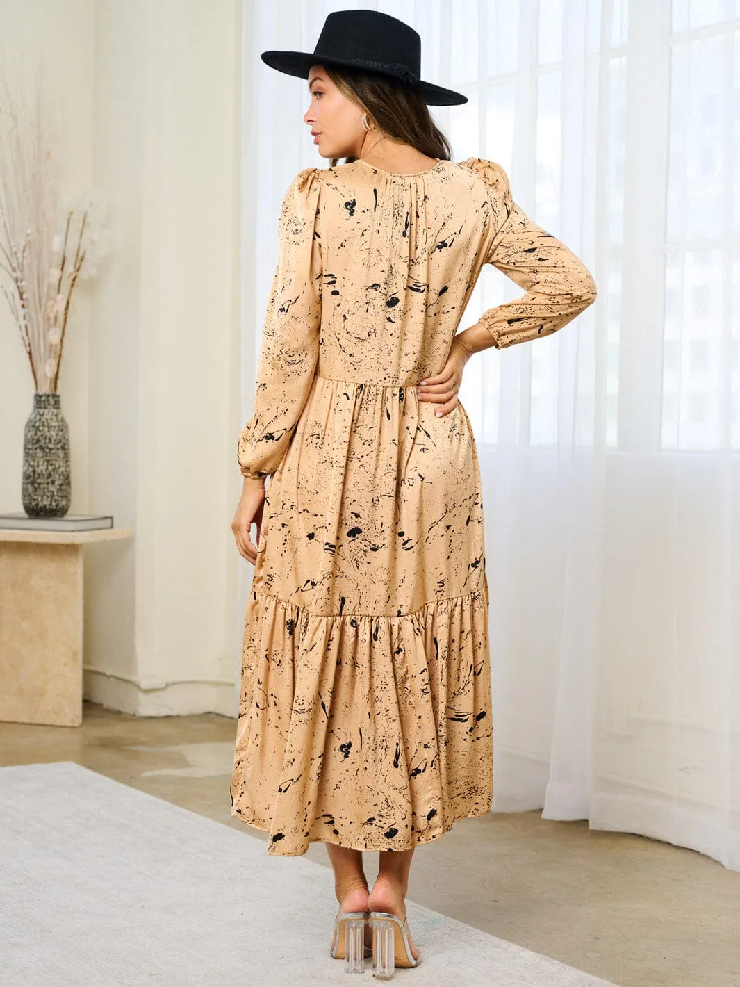 WOMEN'S LONG SLEEVE BUTTON UP  POCKETS PRINTED MAXI DRESS