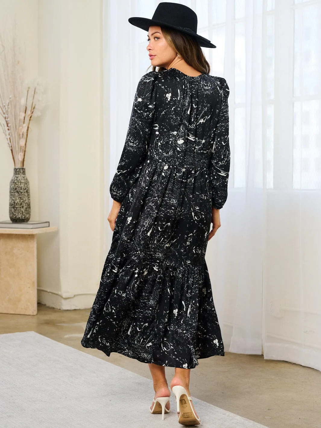 WOMEN'S LONG SLEEVE BUTTON UP  POCKETS PRINTED MAXI DRESS