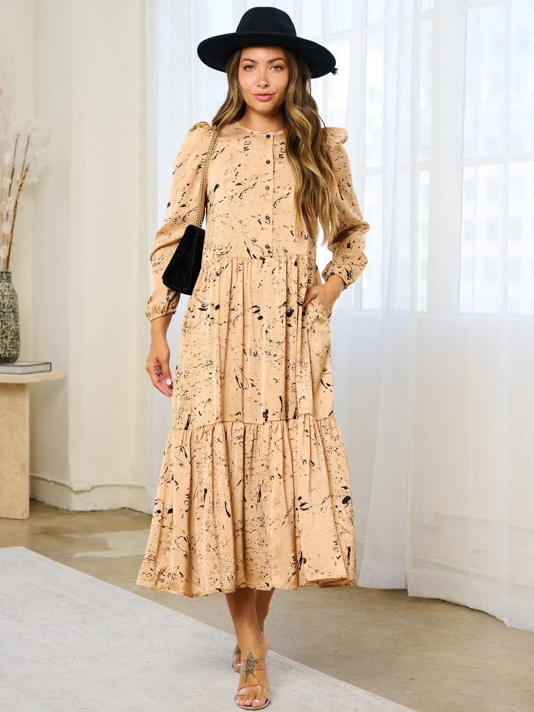 WOMEN'S LONG SLEEVE BUTTON UP  POCKETS PRINTED MAXI DRESS