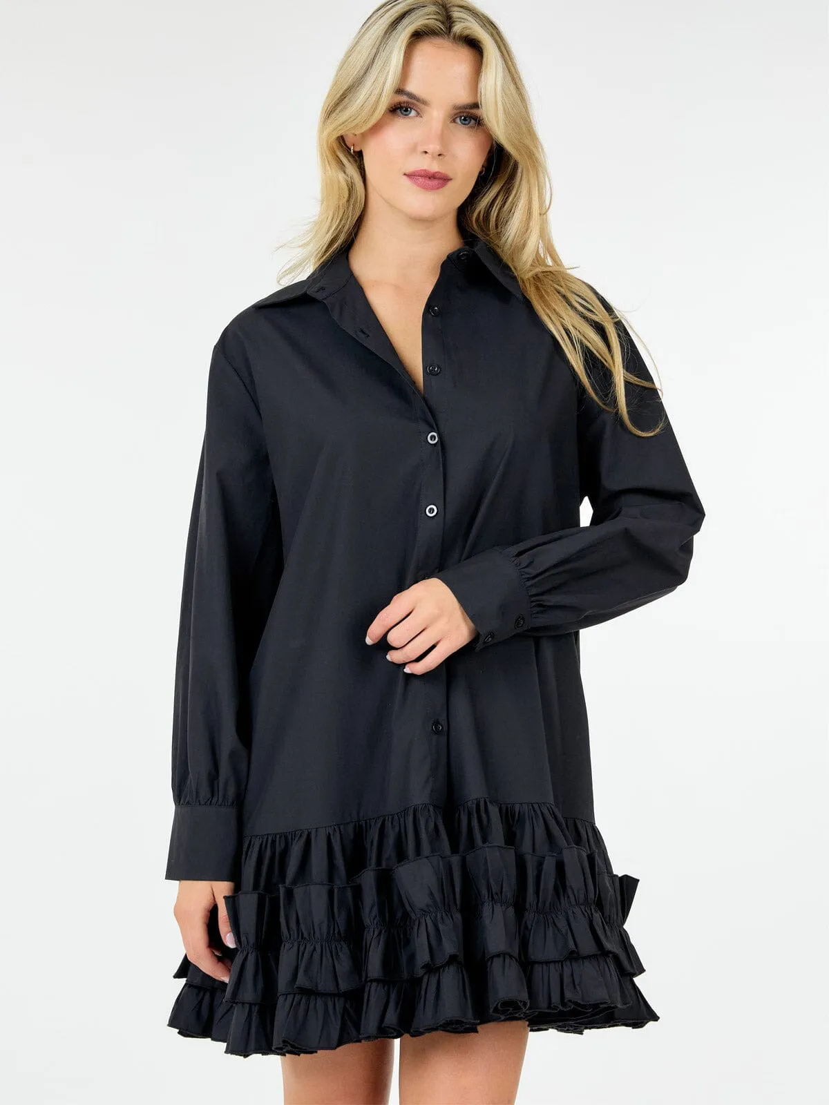 WOMEN'S LONG SLEEVE BUTTON UP RUFFLE BOTTOM HEM TUNIC MINI DRESS