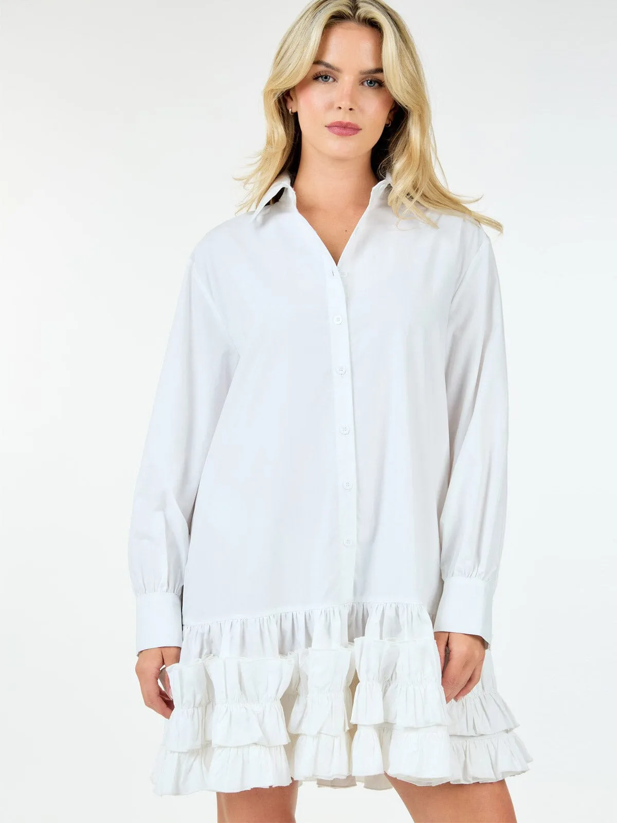 WOMEN'S LONG SLEEVE BUTTON UP RUFFLE BOTTOM HEM TUNIC MINI DRESS