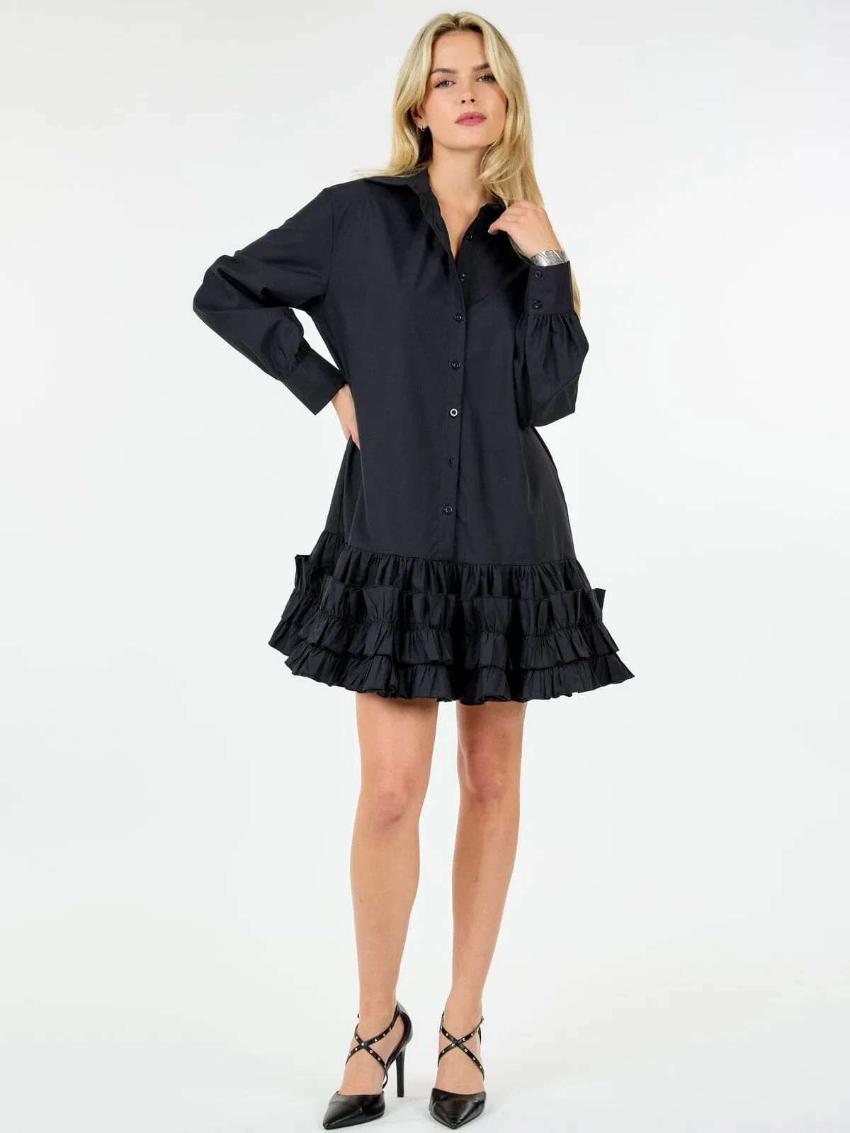 WOMEN'S LONG SLEEVE BUTTON UP RUFFLE BOTTOM HEM TUNIC MINI DRESS