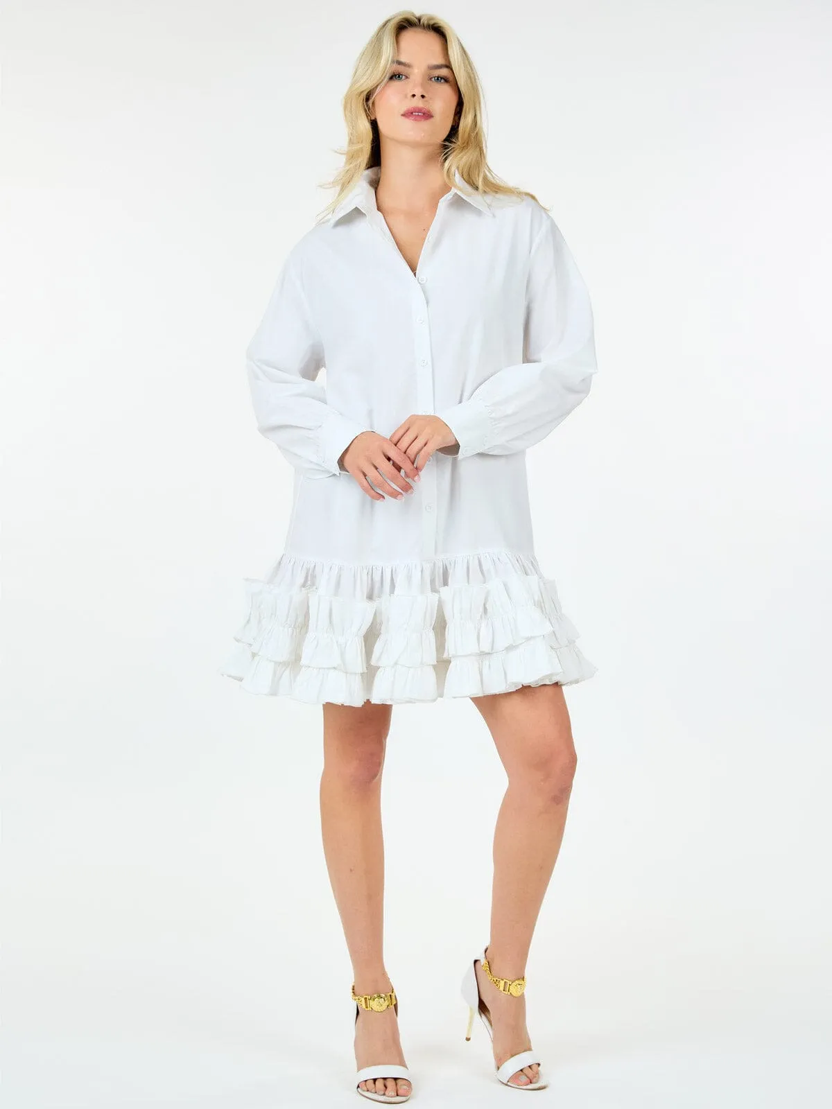 WOMEN'S LONG SLEEVE BUTTON UP RUFFLE BOTTOM HEM TUNIC MINI DRESS