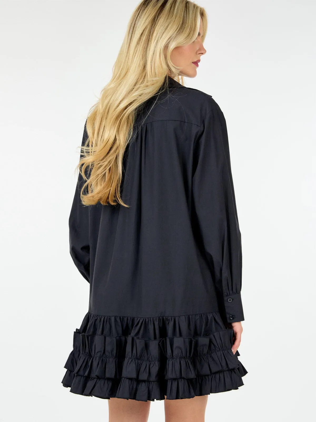 WOMEN'S LONG SLEEVE BUTTON UP RUFFLE BOTTOM HEM TUNIC MINI DRESS