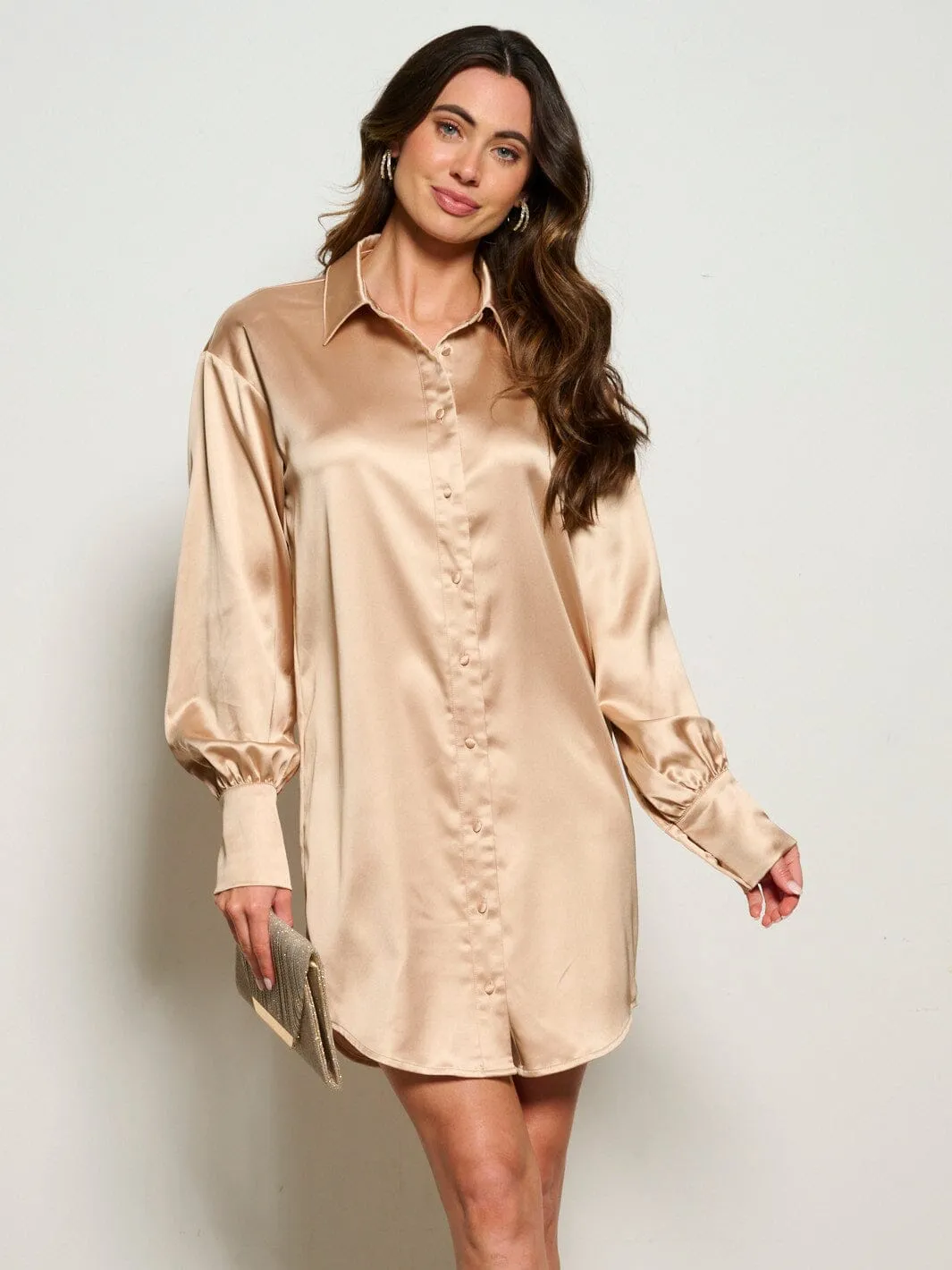 WOMEN'S LONG SLEEVE BUTTON UP SATIN MINI DRESS