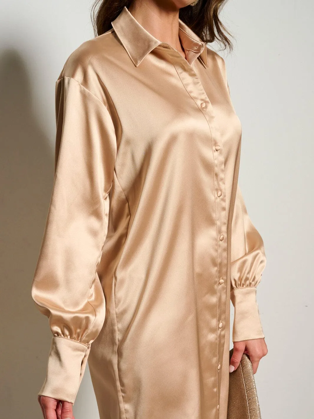 WOMEN'S LONG SLEEVE BUTTON UP SATIN MINI DRESS