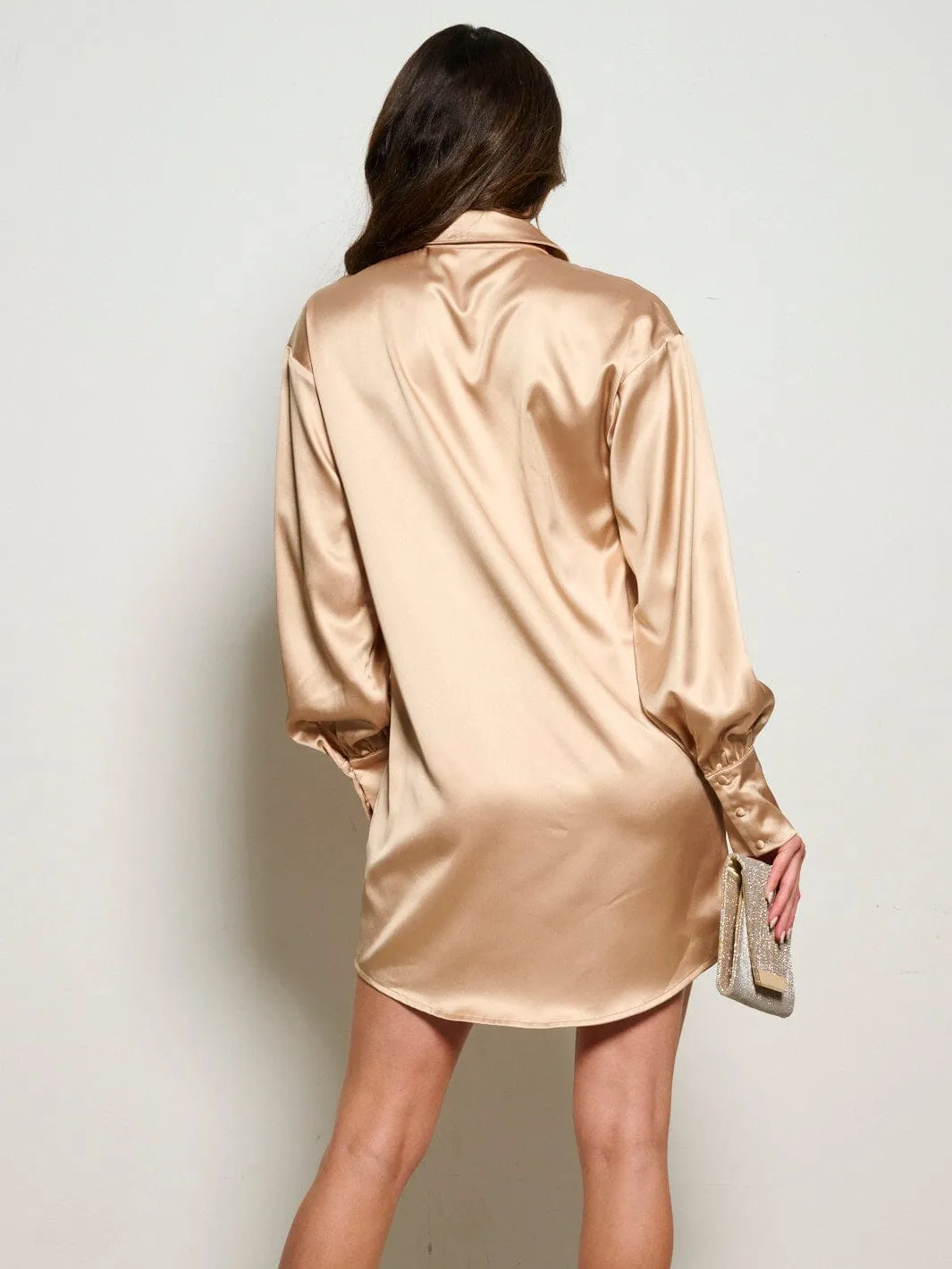 WOMEN'S LONG SLEEVE BUTTON UP SATIN MINI DRESS