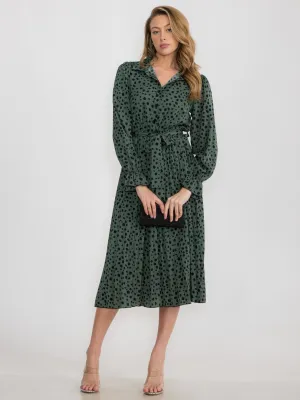 WOMEN'S LONG SLEEVE BUTTON UP SELF TIE ANIMAL PRINT MIDI DRESS