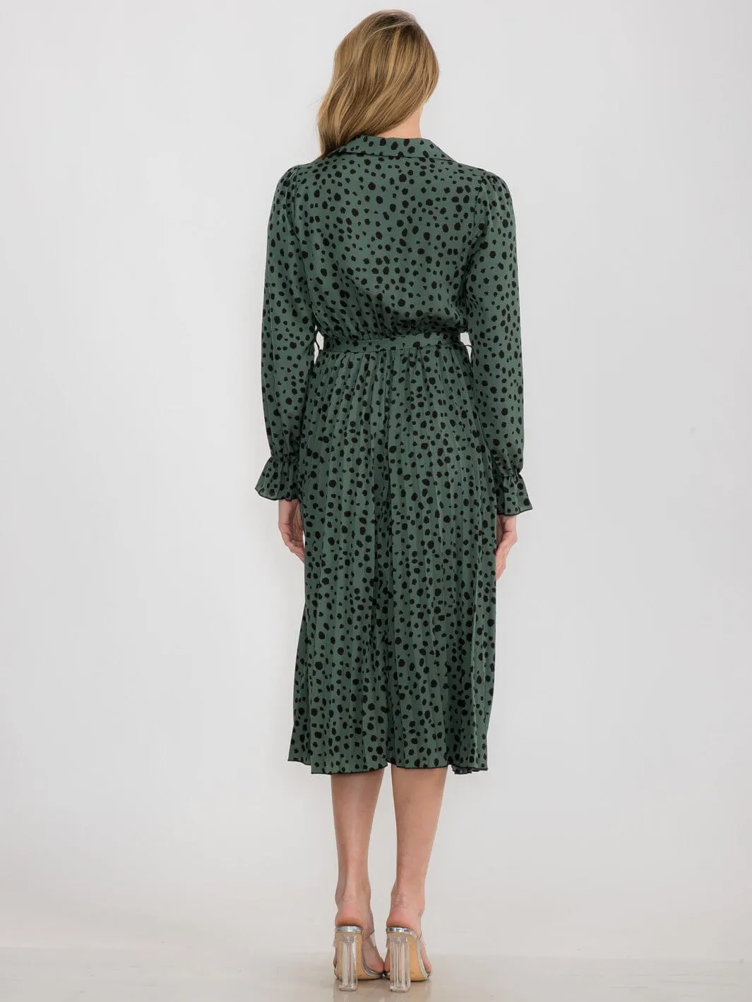 WOMEN'S LONG SLEEVE BUTTON UP SELF TIE ANIMAL PRINT MIDI DRESS