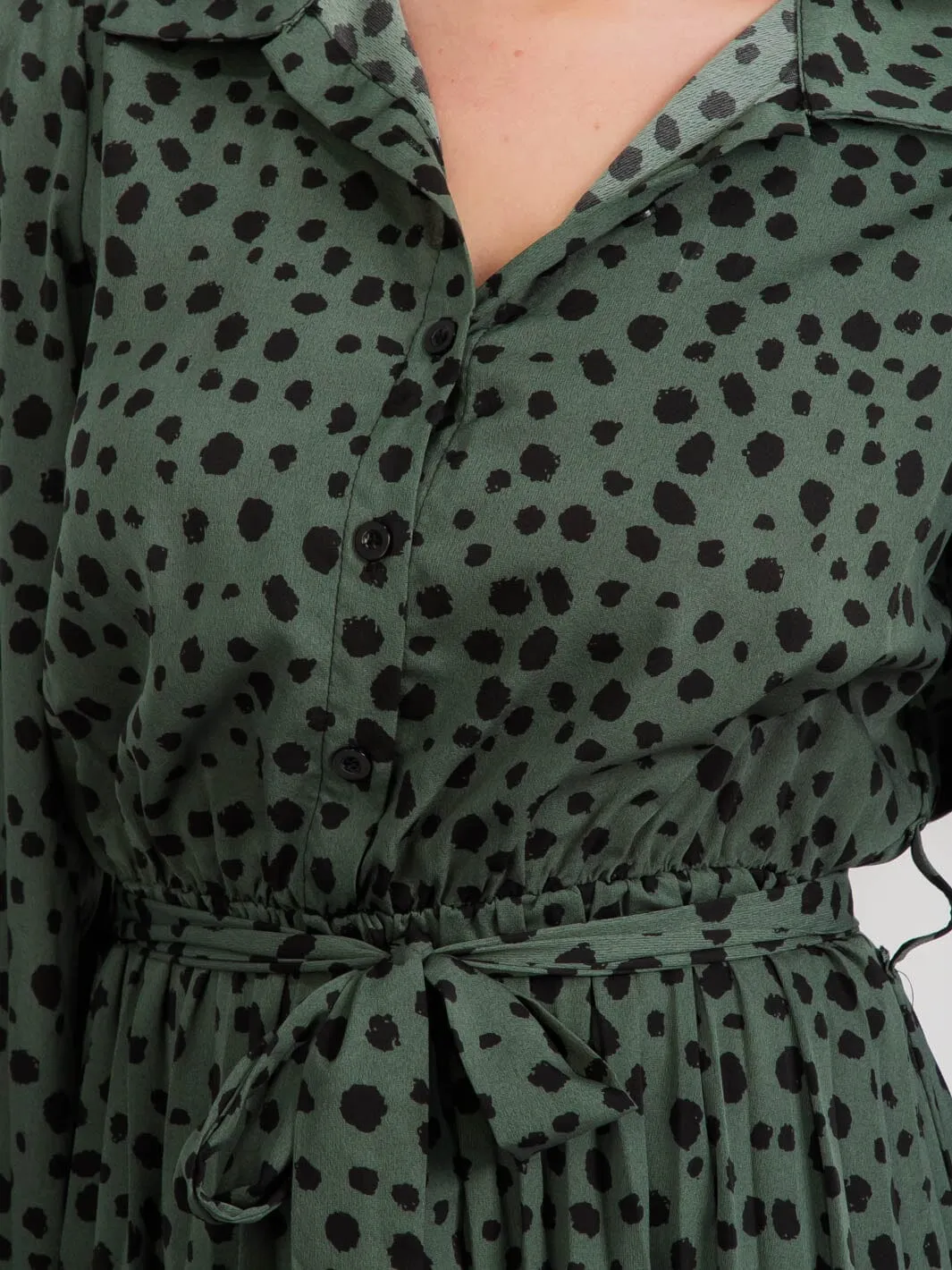 WOMEN'S LONG SLEEVE BUTTON UP SELF TIE ANIMAL PRINT MIDI DRESS