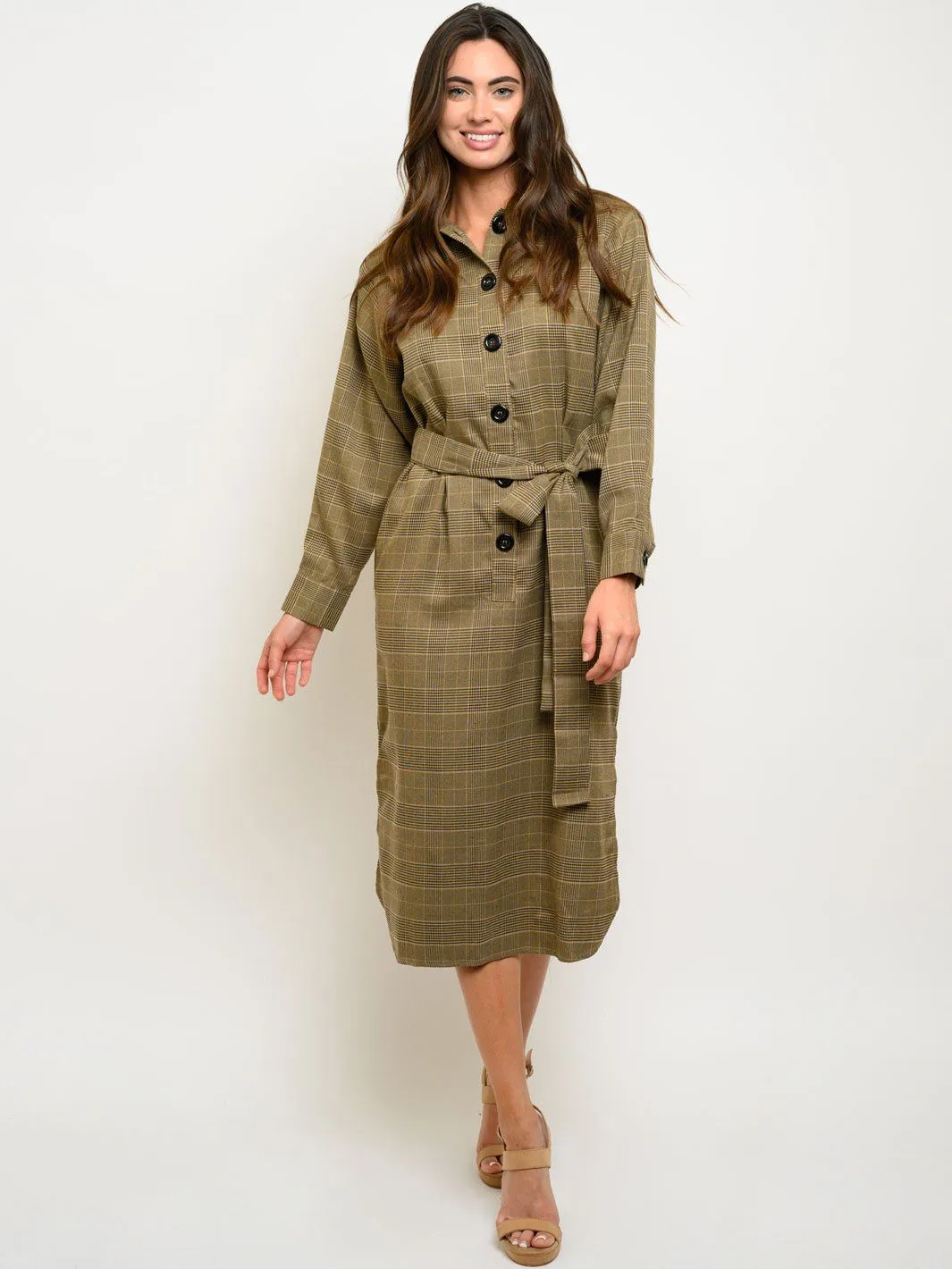 WOMEN'S LONG SLEEVE BUTTON UP SELF TIE MIDI DRESS