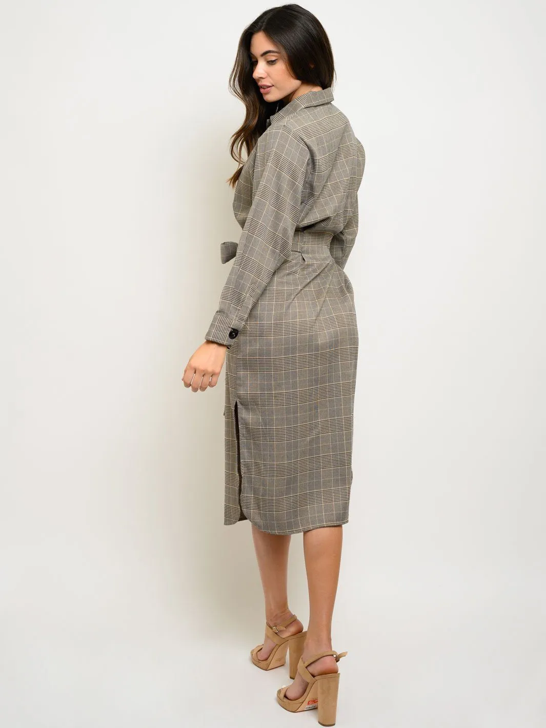 WOMEN'S LONG SLEEVE BUTTON UP SELF TIE MIDI DRESS