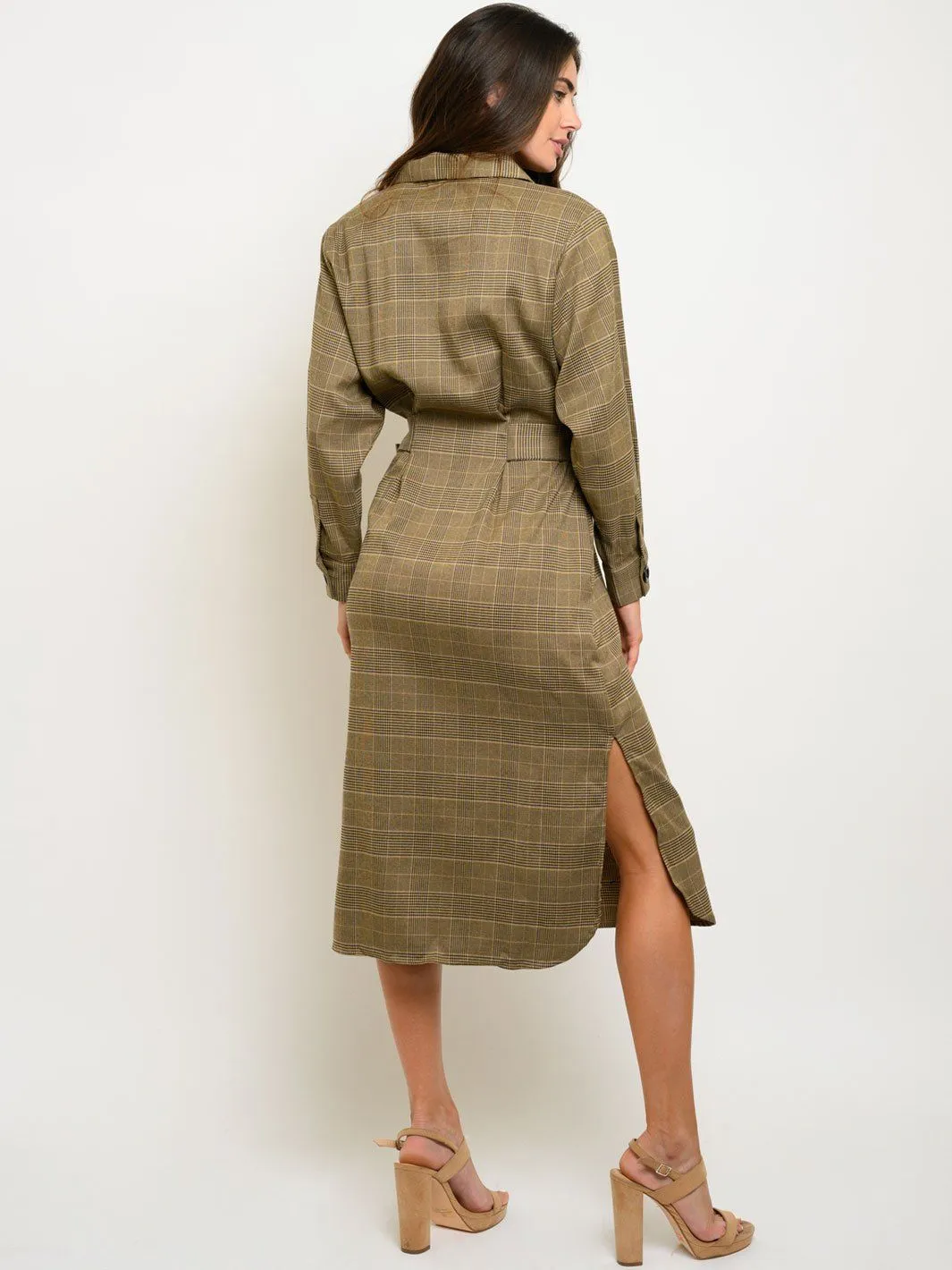 WOMEN'S LONG SLEEVE BUTTON UP SELF TIE MIDI DRESS