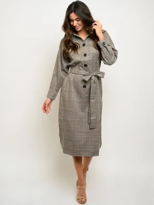 WOMEN'S LONG SLEEVE BUTTON UP SELF TIE MIDI DRESS