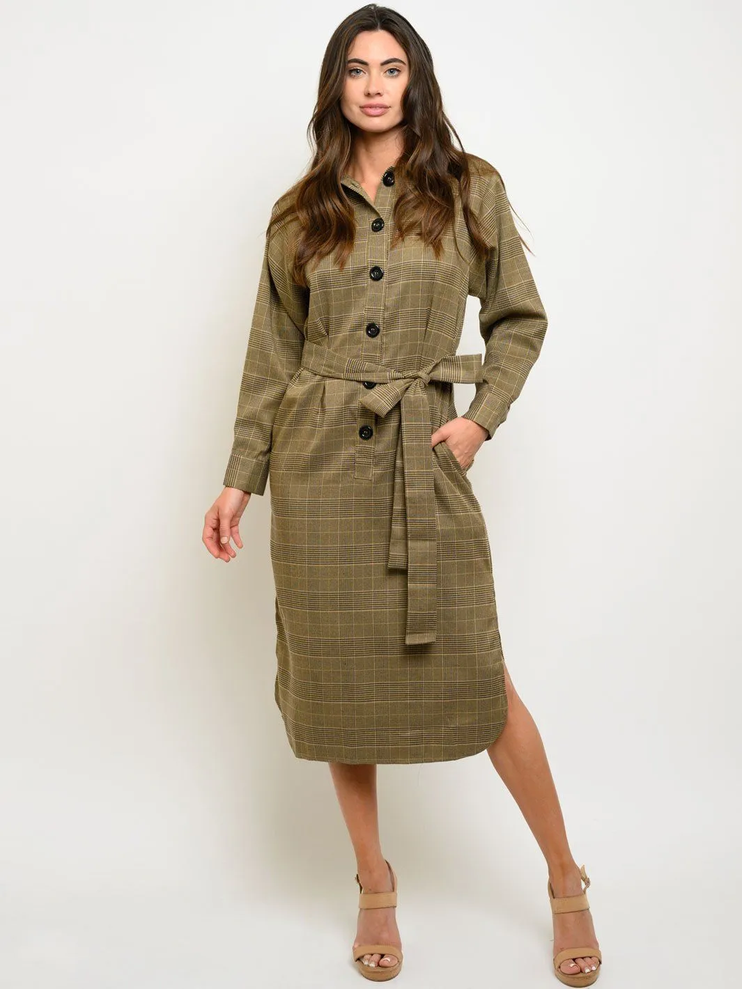 WOMEN'S LONG SLEEVE BUTTON UP SELF TIE MIDI DRESS
