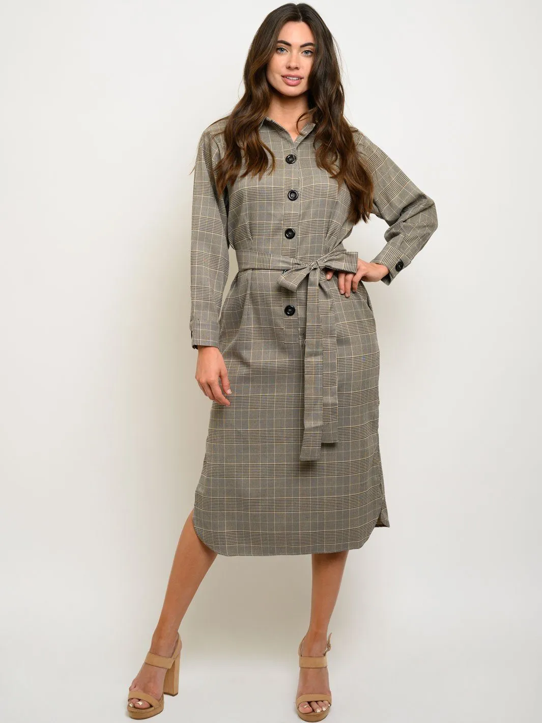 WOMEN'S LONG SLEEVE BUTTON UP SELF TIE MIDI DRESS