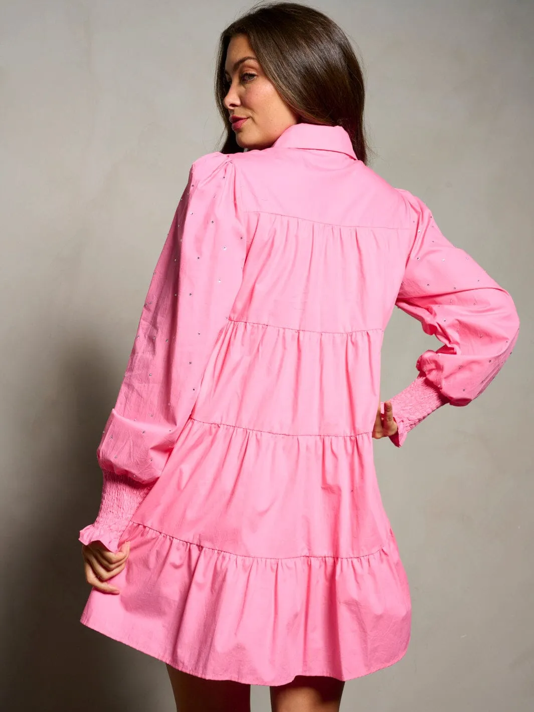 WOMEN'S LONG SLEEVE BUTTON UP STUDS TIERED TUNIC MINI DRESS
