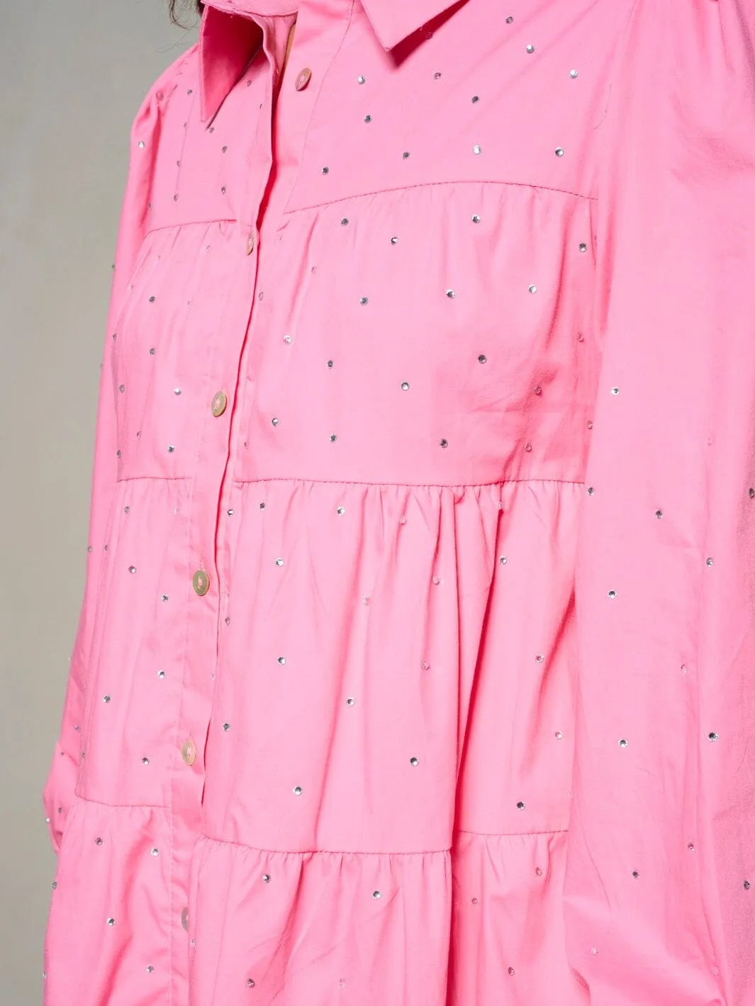 WOMEN'S LONG SLEEVE BUTTON UP STUDS TIERED TUNIC MINI DRESS