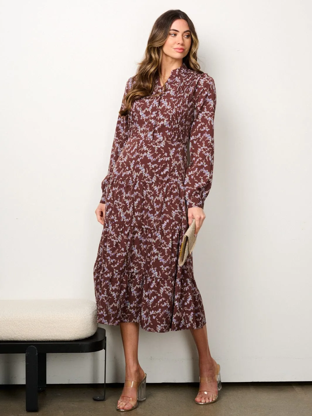 WOMEN'S LONG SLEEVE BUTTON UP TIERED FLORAL MIDI DRESS