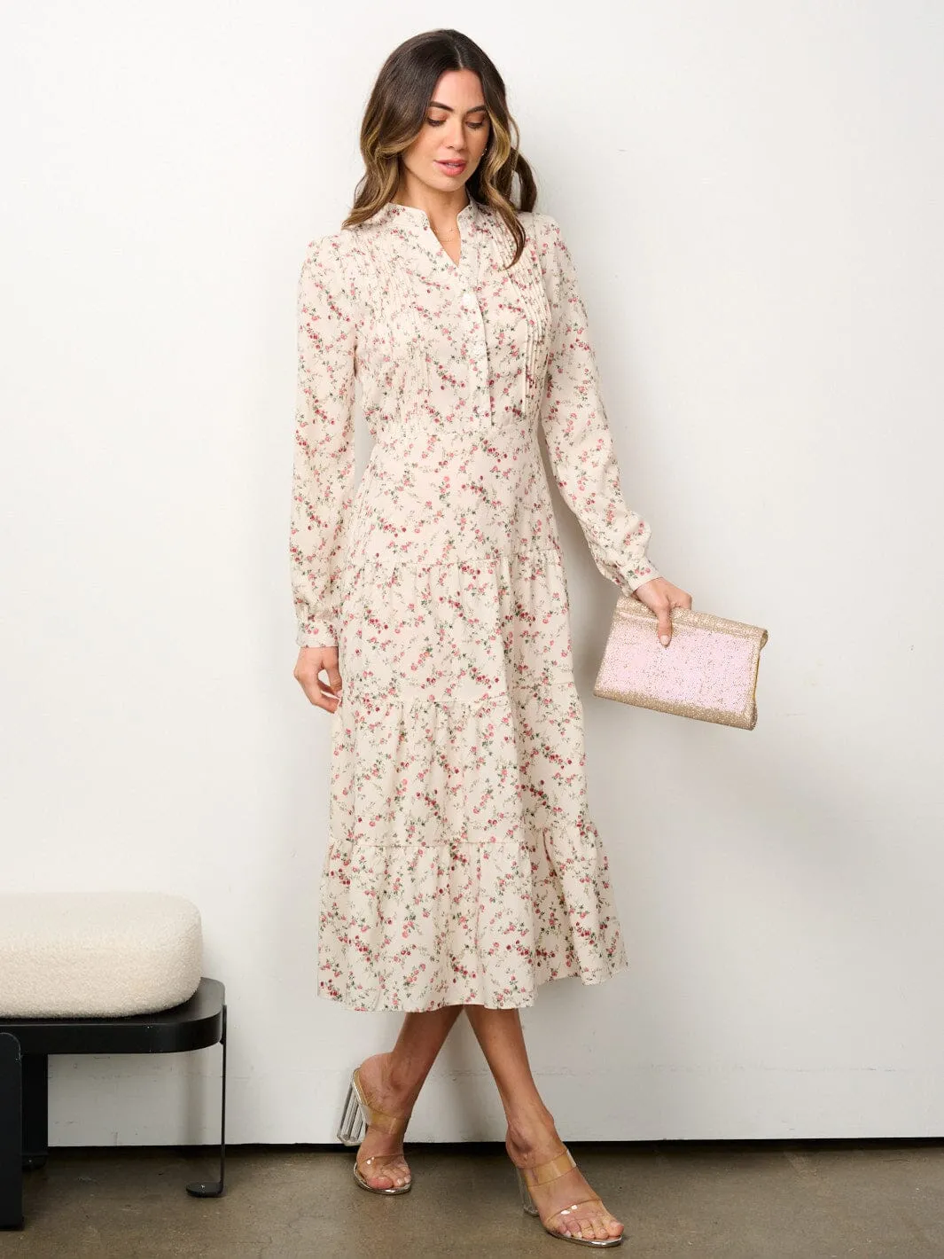 WOMEN'S LONG SLEEVE BUTTON UP TIERED FLORAL MIDI DRESS