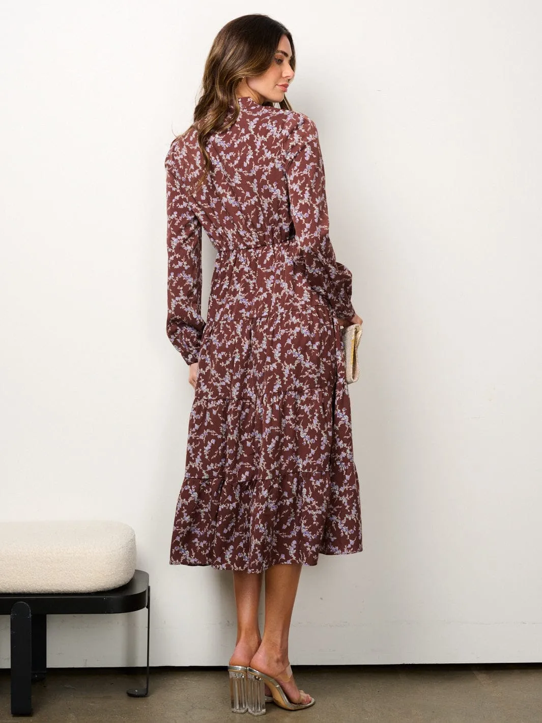 WOMEN'S LONG SLEEVE BUTTON UP TIERED FLORAL MIDI DRESS