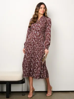 WOMEN'S LONG SLEEVE BUTTON UP TIERED FLORAL MIDI DRESS