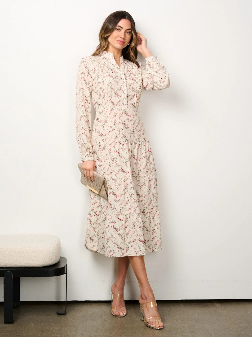 WOMEN'S LONG SLEEVE BUTTON UP TIERED FLORAL MIDI DRESS