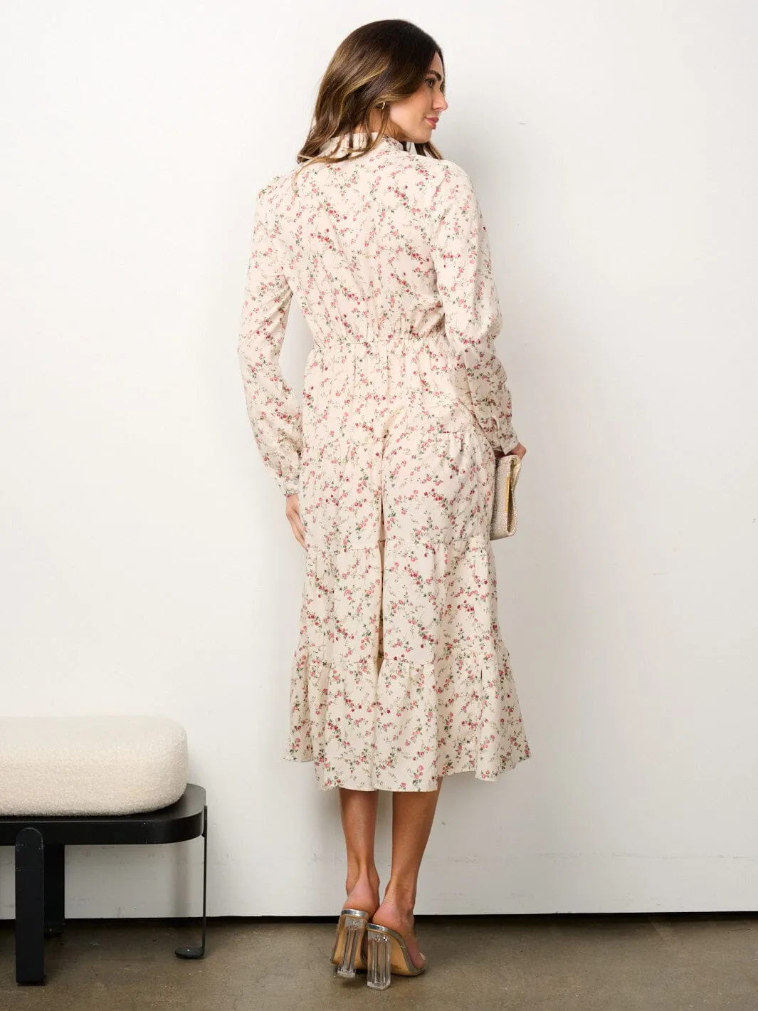 WOMEN'S LONG SLEEVE BUTTON UP TIERED FLORAL MIDI DRESS