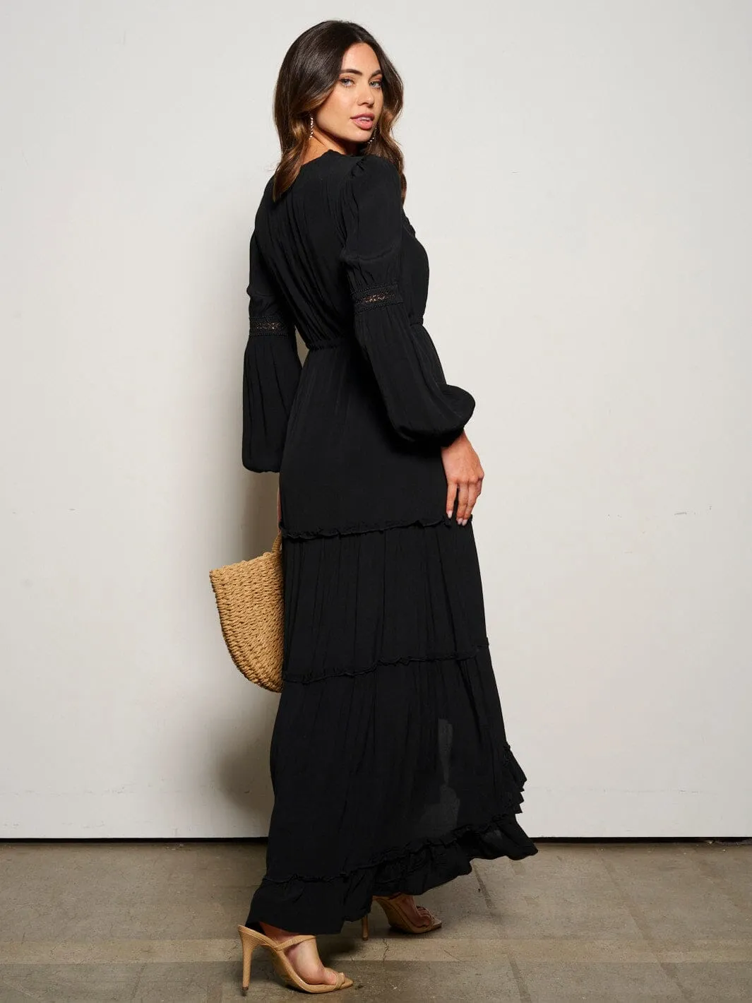WOMEN'S LONG SLEEVE BUTTON UP TIERED MAXI DRESS