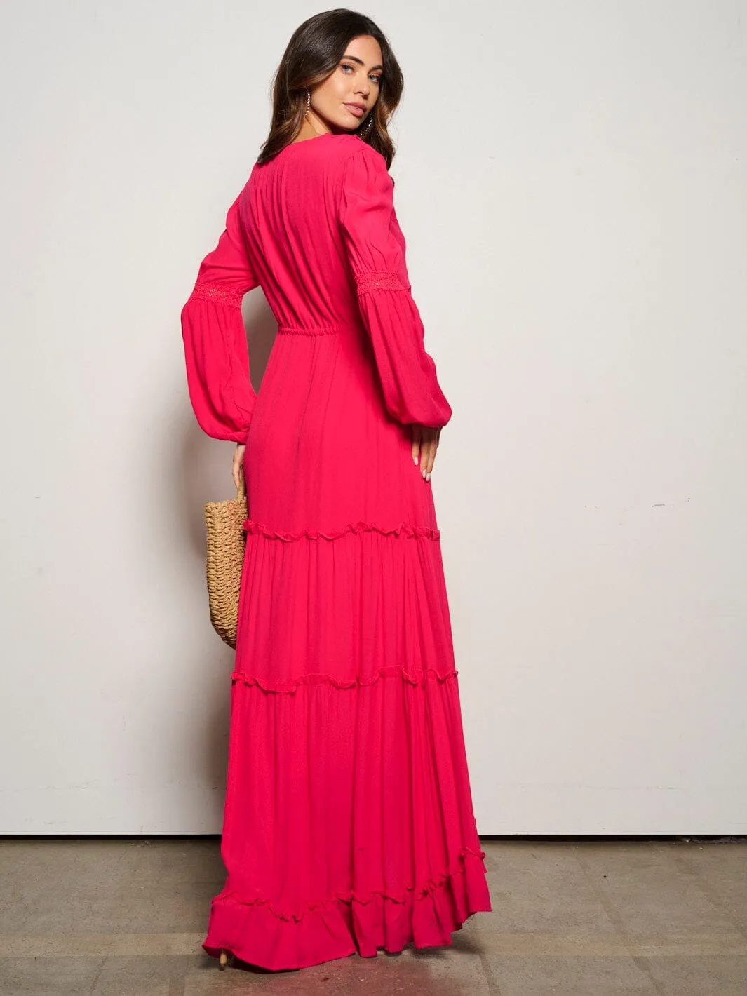 WOMEN'S LONG SLEEVE BUTTON UP TIERED MAXI DRESS