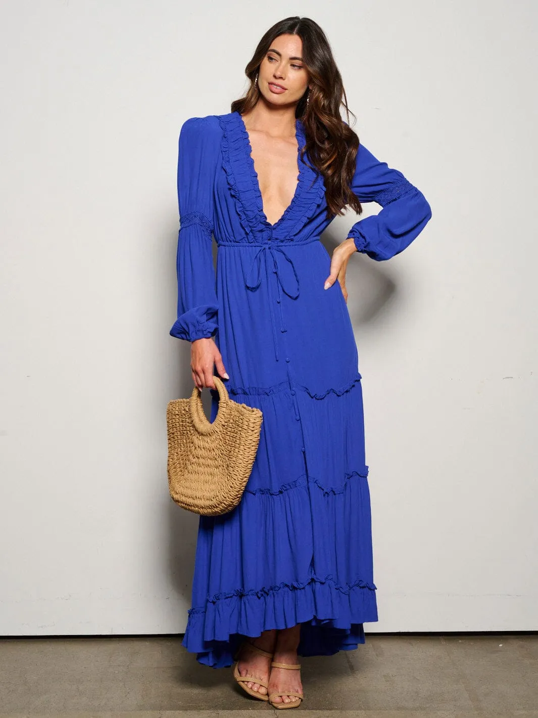 WOMEN'S LONG SLEEVE BUTTON UP TIERED MAXI DRESS