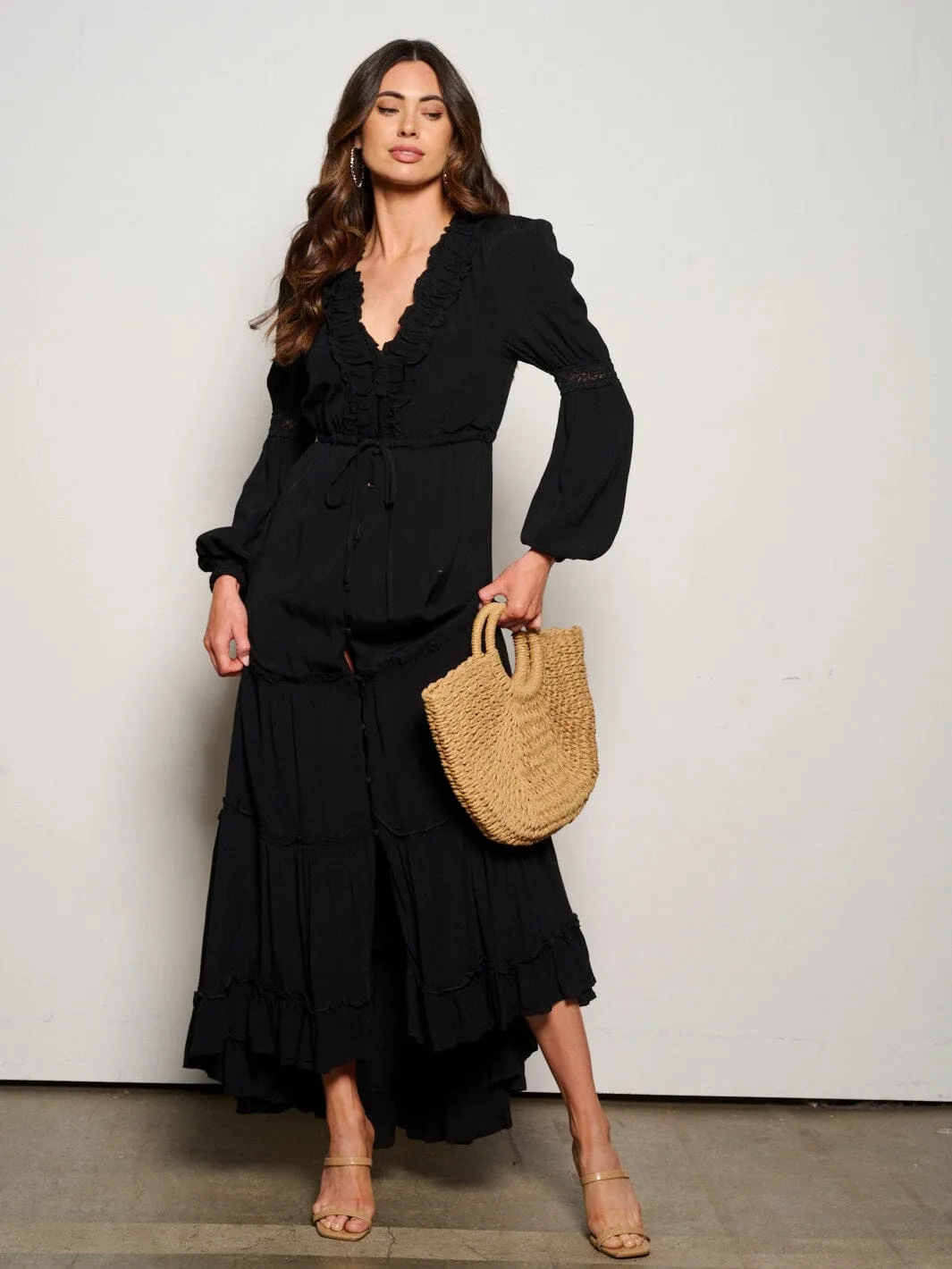 WOMEN'S LONG SLEEVE BUTTON UP TIERED MAXI DRESS