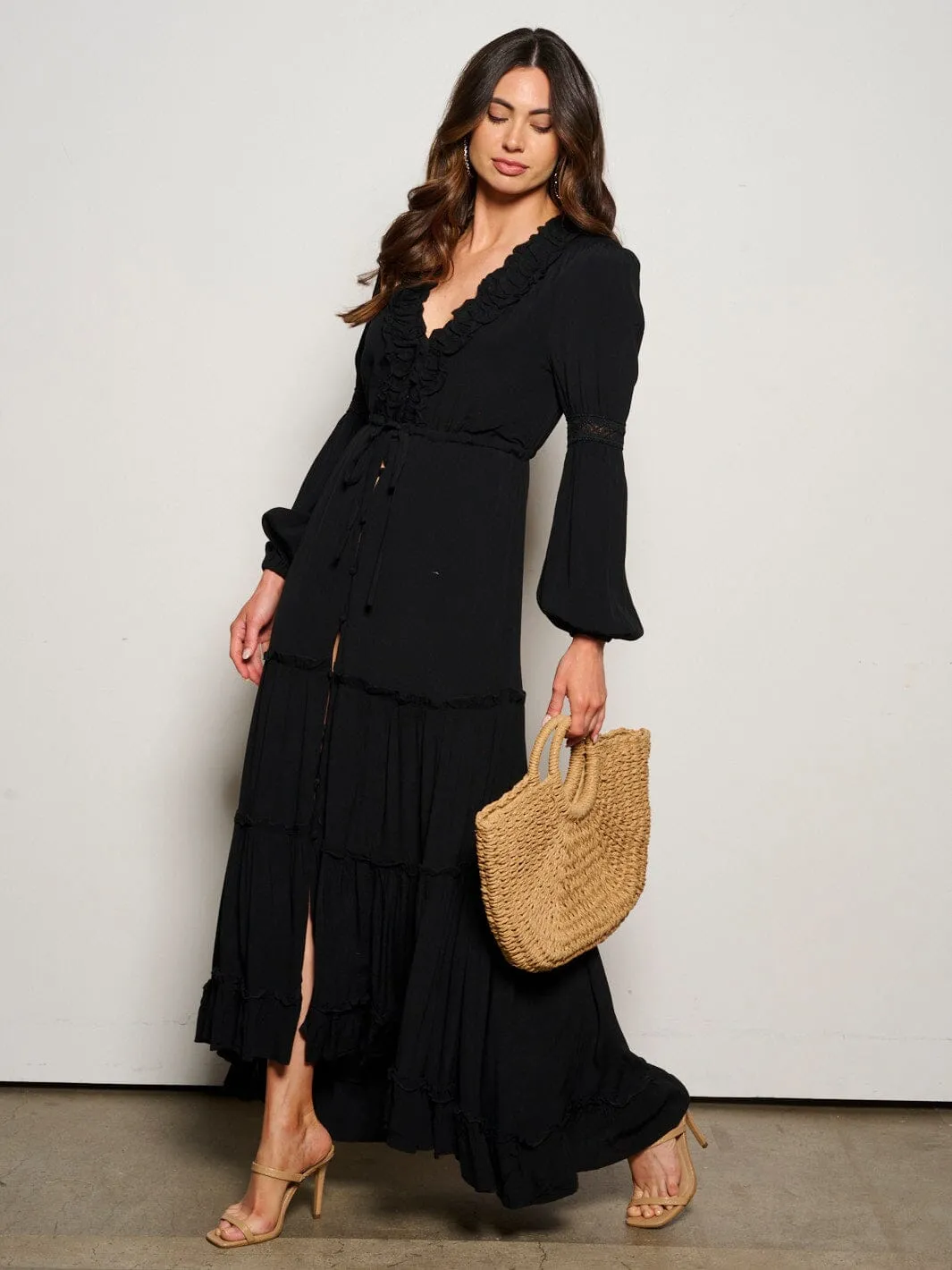 WOMEN'S LONG SLEEVE BUTTON UP TIERED MAXI DRESS