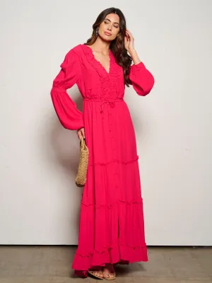 WOMEN'S LONG SLEEVE BUTTON UP TIERED MAXI DRESS