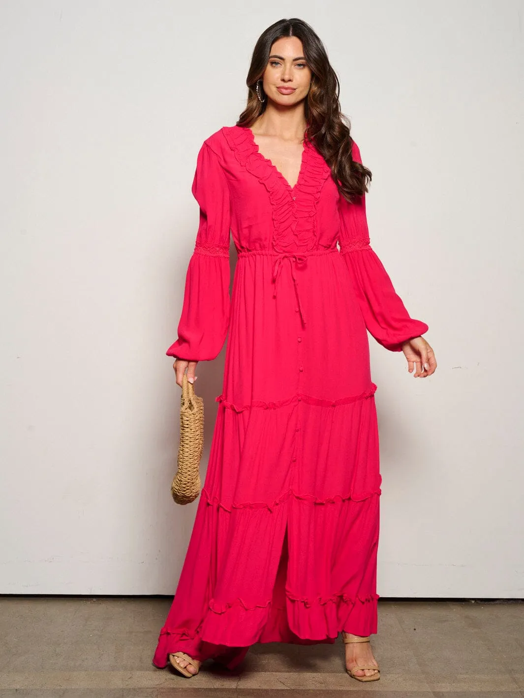 WOMEN'S LONG SLEEVE BUTTON UP TIERED MAXI DRESS