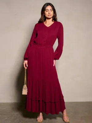 WOMEN'S LONG SLEEVE BUTTON UP TIERED MAXI DRESS