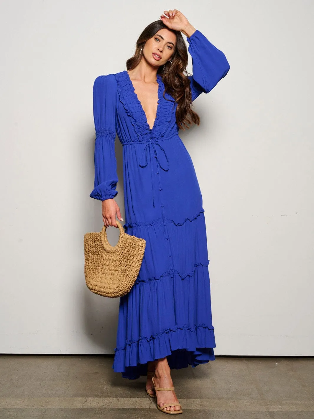 WOMEN'S LONG SLEEVE BUTTON UP TIERED MAXI DRESS