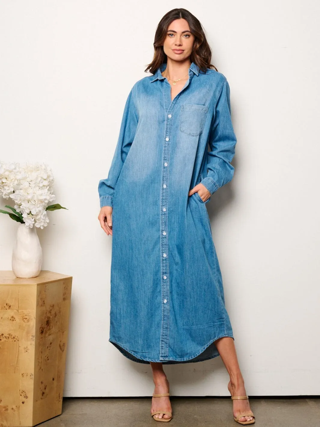 WOMEN'S LONG SLEEVE BUTTON UP WASHED DENIM MAXI DRESS