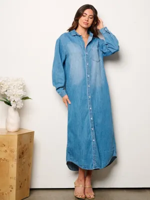 WOMEN'S LONG SLEEVE BUTTON UP WASHED DENIM MAXI DRESS