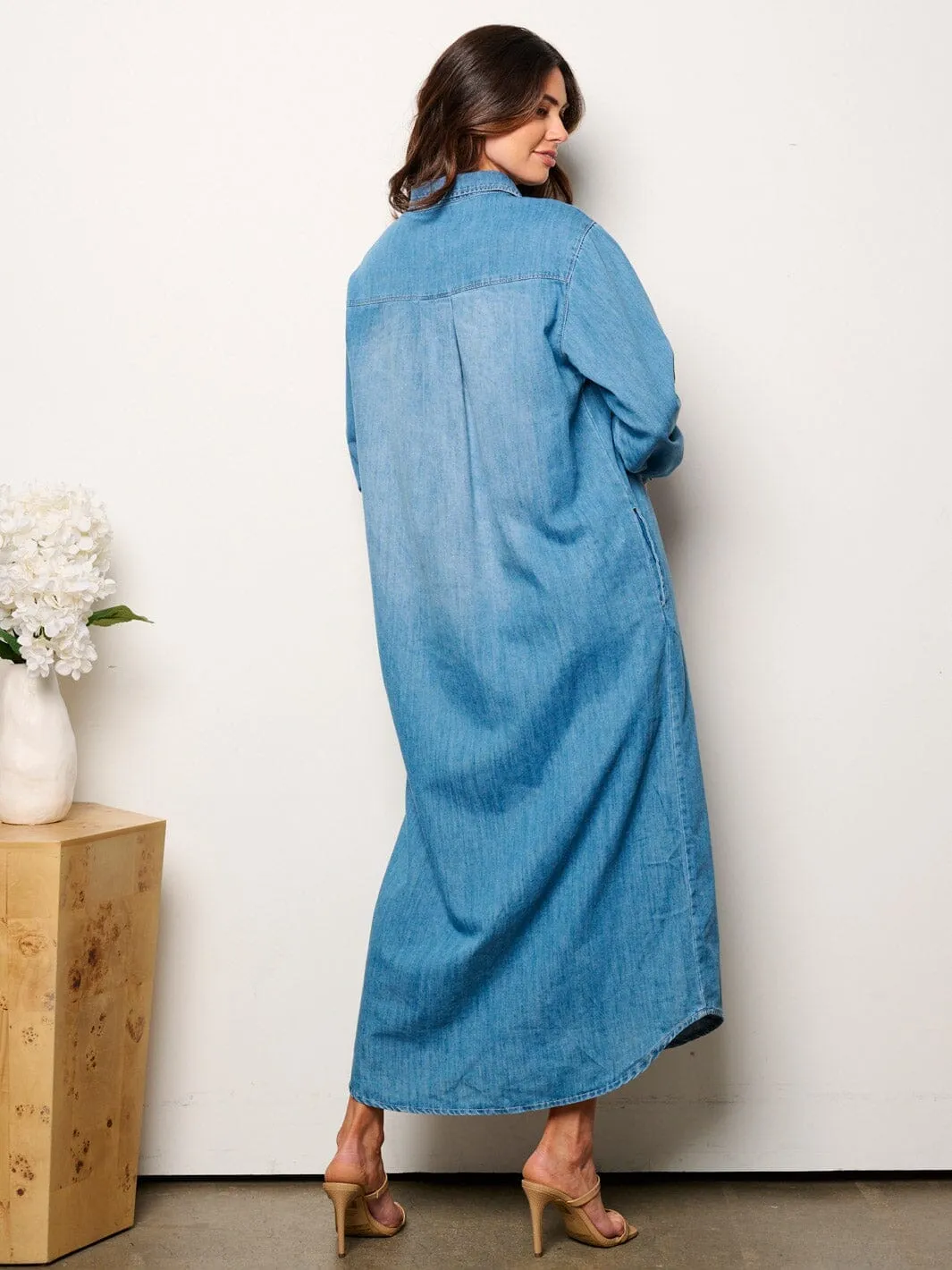 WOMEN'S LONG SLEEVE BUTTON UP WASHED DENIM MAXI DRESS