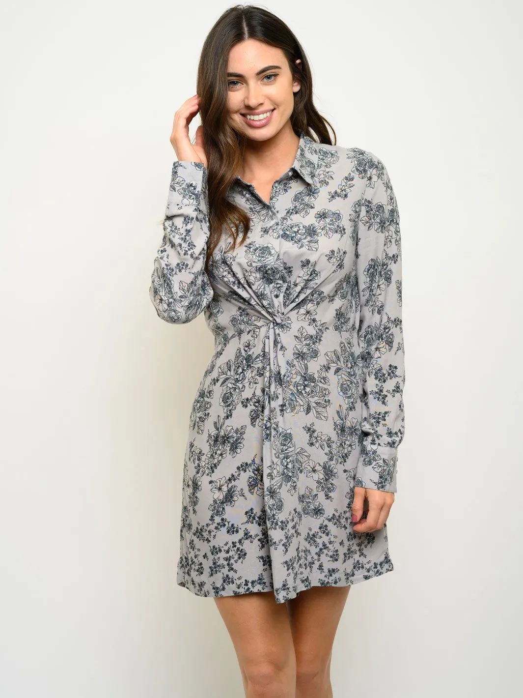 WOMEN'S LONG SLEEVE FLORAL BUTTON UP DRESS