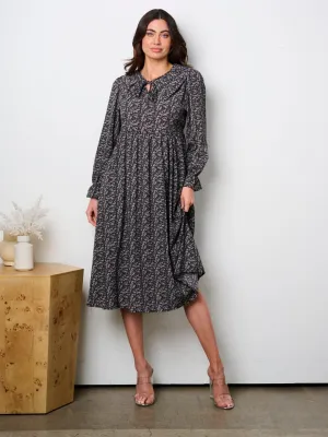WOMEN'S LONG SLEEVE NECK TIE LEAF PRINT MIDI DRESS