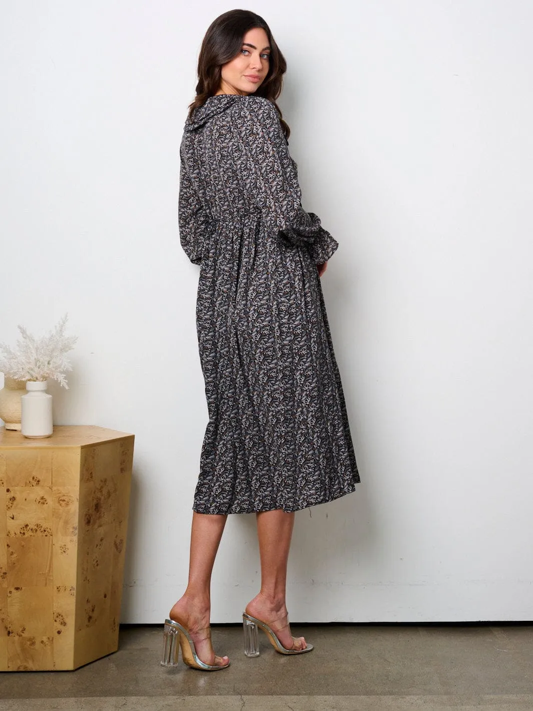 WOMEN'S LONG SLEEVE NECK TIE LEAF PRINT MIDI DRESS
