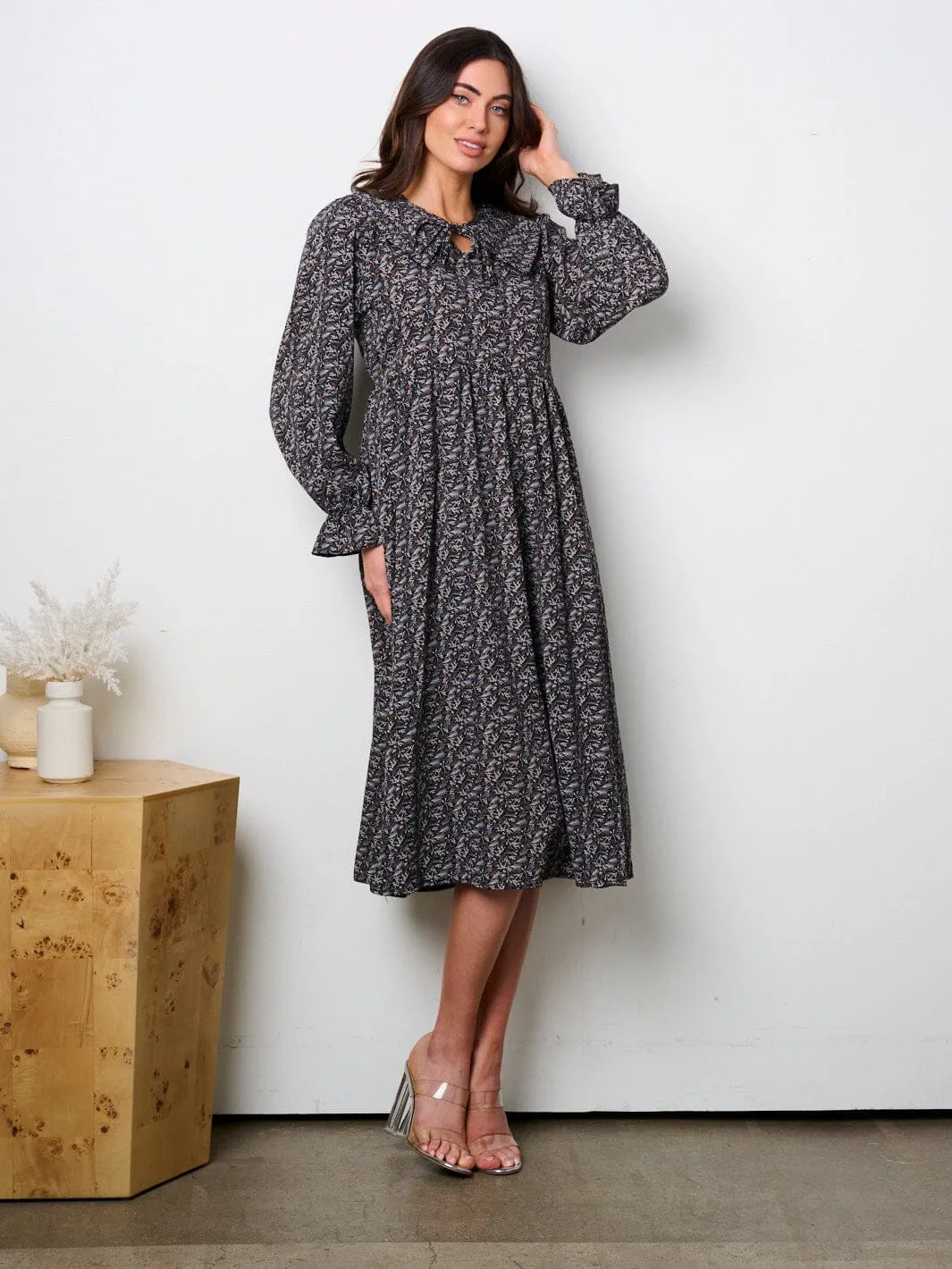 WOMEN'S LONG SLEEVE NECK TIE LEAF PRINT MIDI DRESS