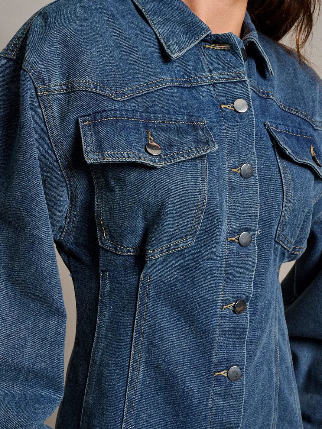 WOMEN'S LONG SLEEVE POCKETS BUTTON UP DENIM MINI DRESS