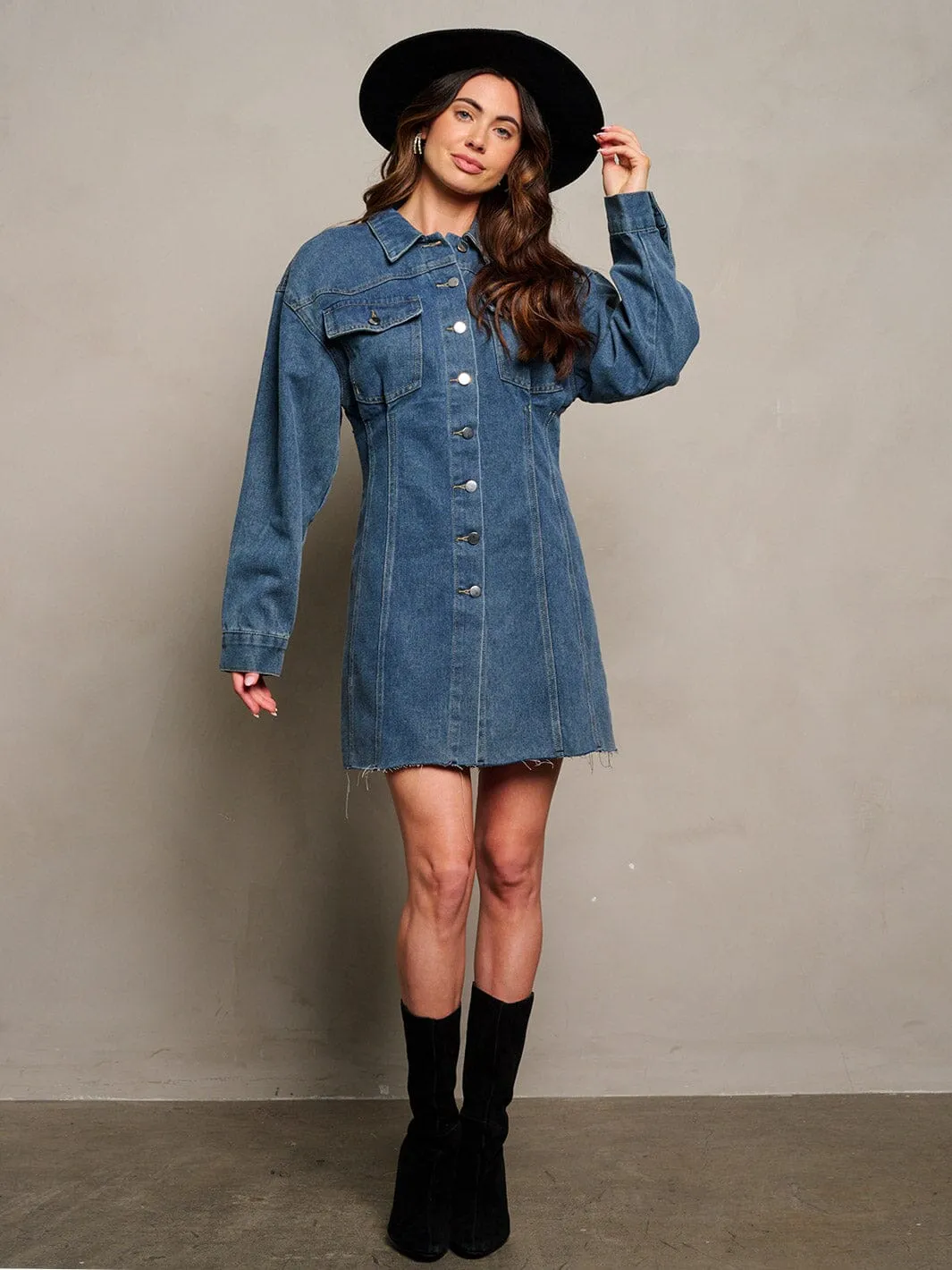 WOMEN'S LONG SLEEVE POCKETS BUTTON UP DENIM MINI DRESS