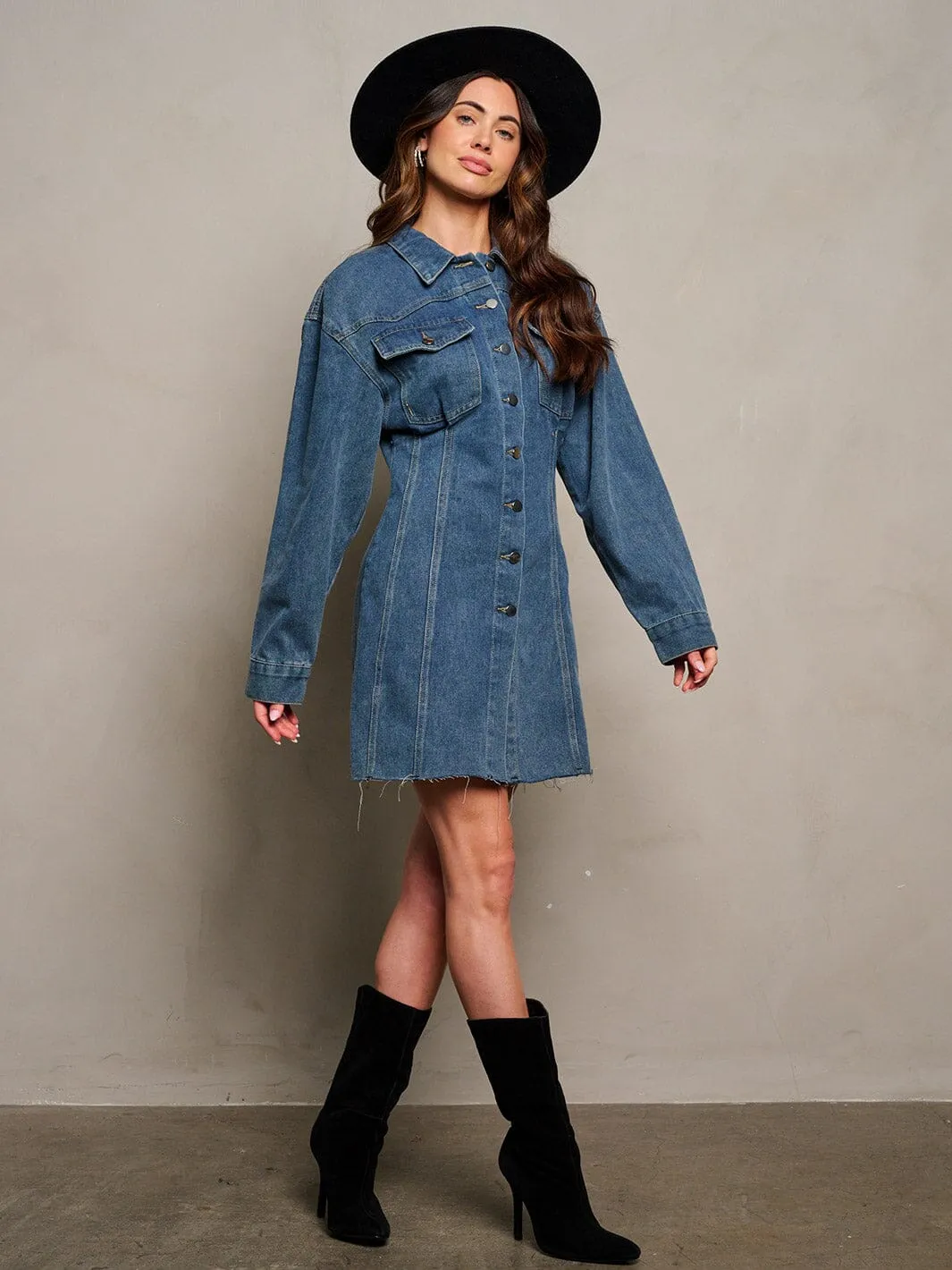 WOMEN'S LONG SLEEVE POCKETS BUTTON UP DENIM MINI DRESS